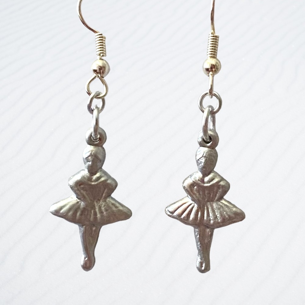 Hand Crafted Earrings Ballerina Chrome Silver Dangle Ballet Dancer Pierced - Picture 1 of 7